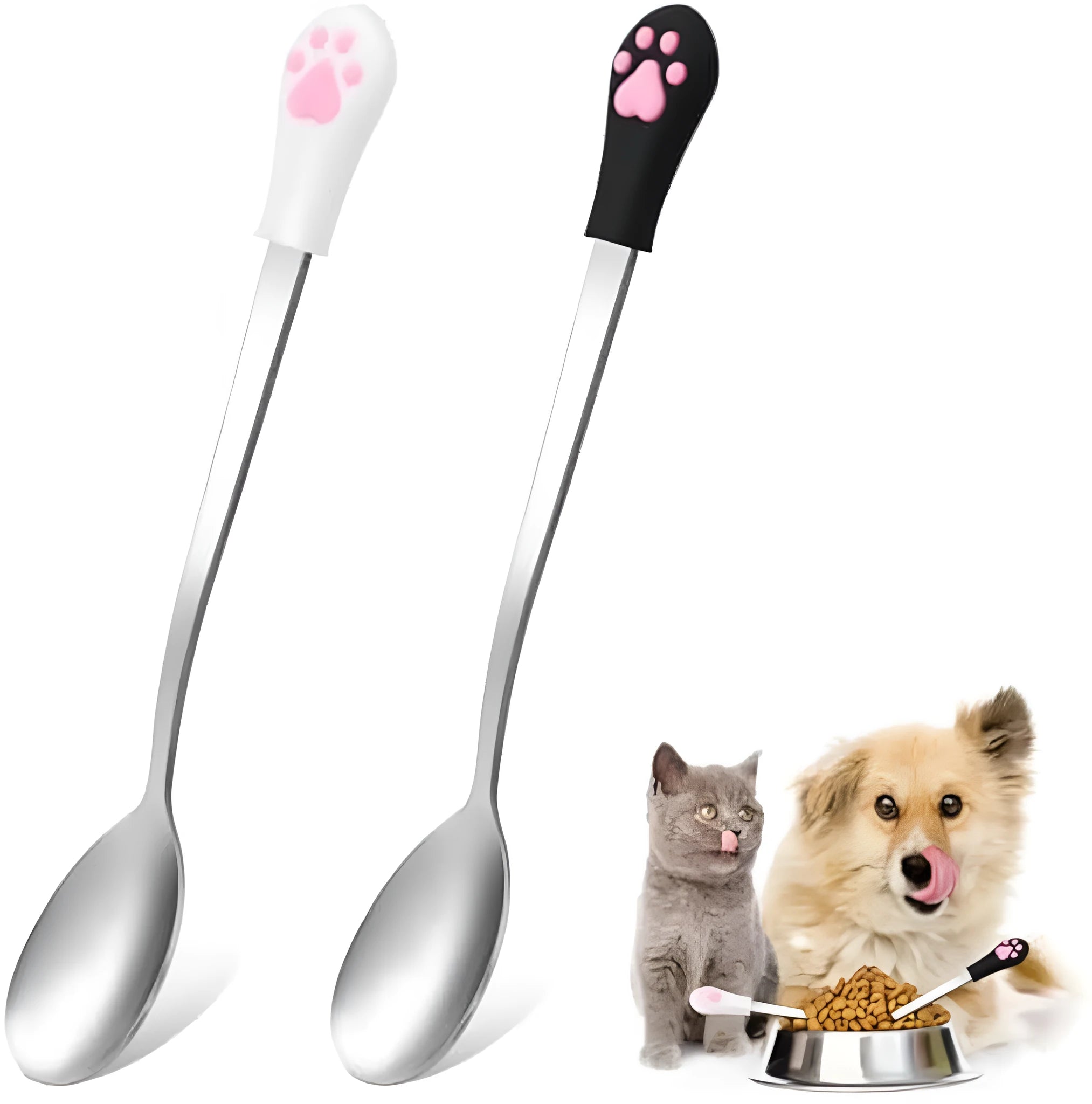 Two pet food spoons with cat paw designs in white and black colours