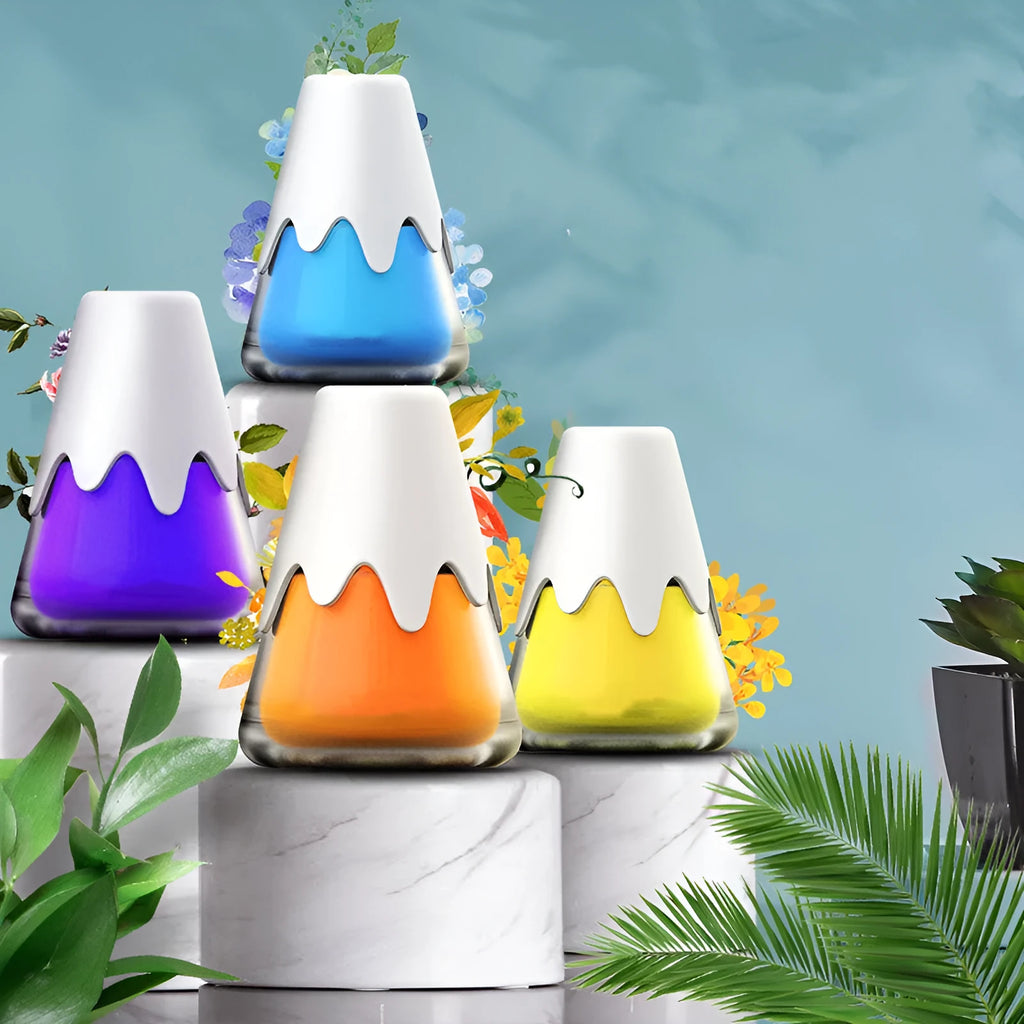 Snow mountain cup car aromatherapy diffuser in purple bouquet, vibrant lime, laurel haze, or deep sea fog blue
