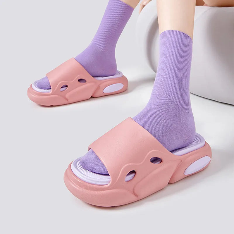 Two-colour thick-soled EVA slippers with leather lining in pink and purple colourway