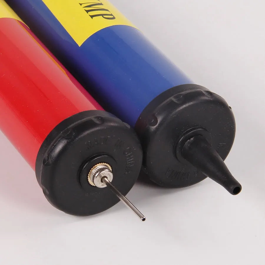Manual plastic hand pump in mixed colours for inflating basketballs, volleyballs, and footballs.