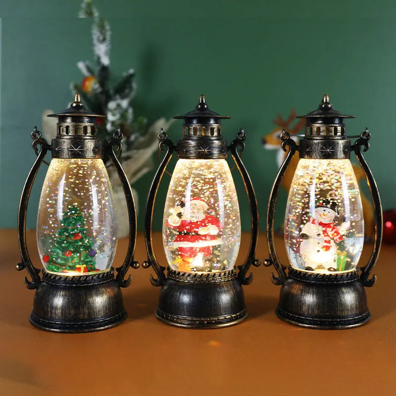 Crystal ball LED oil lamp Christmas decoration showing snowman or elderly figure winter scene inside spherical design