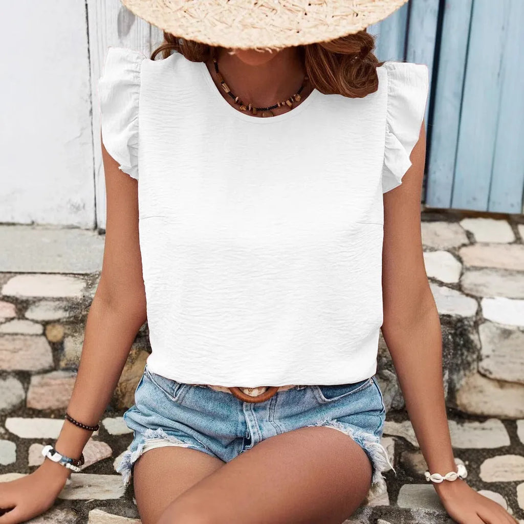 Women's solid colour round neck pullover blouse with ruffled sleeves and patchwork detail