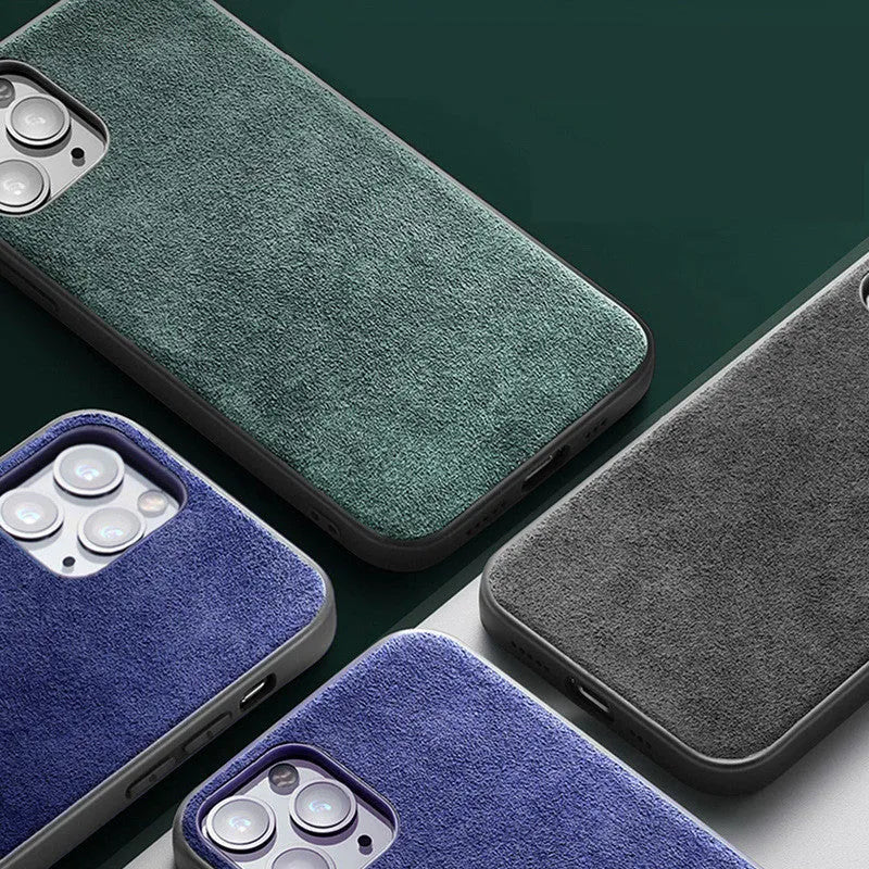 Suede full-cover phone case for iPhone in dark blue, shown from the back.