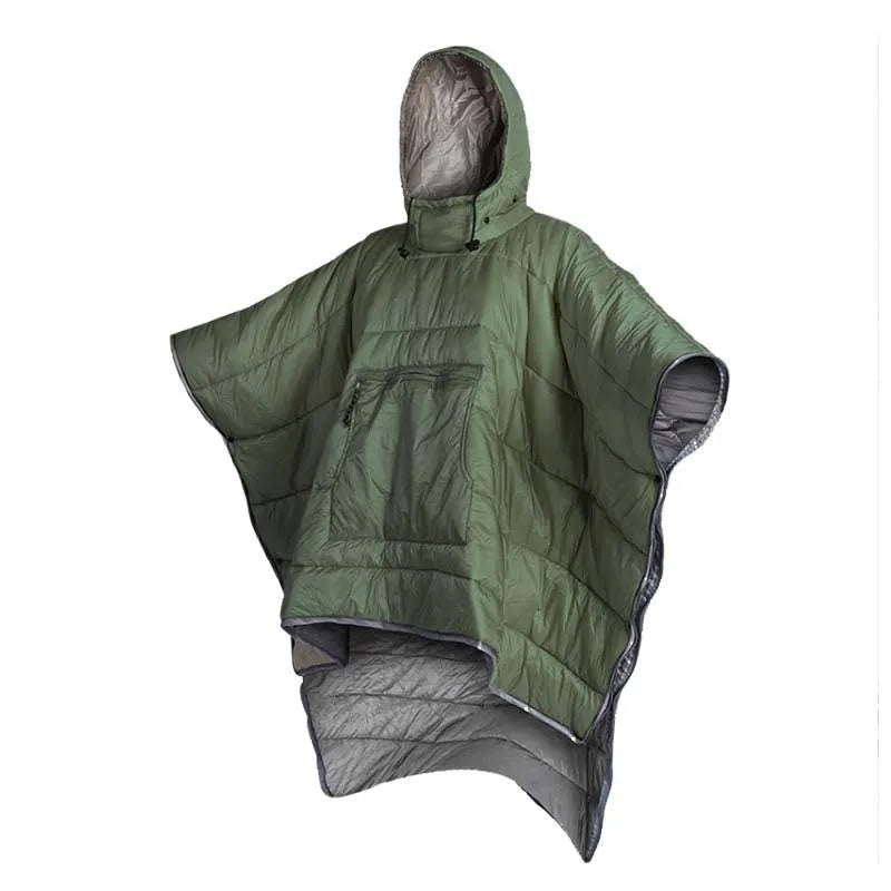 Army Green wearable cloak sleeping bag for adults laid flat, showing 200x140cm size and cape design.