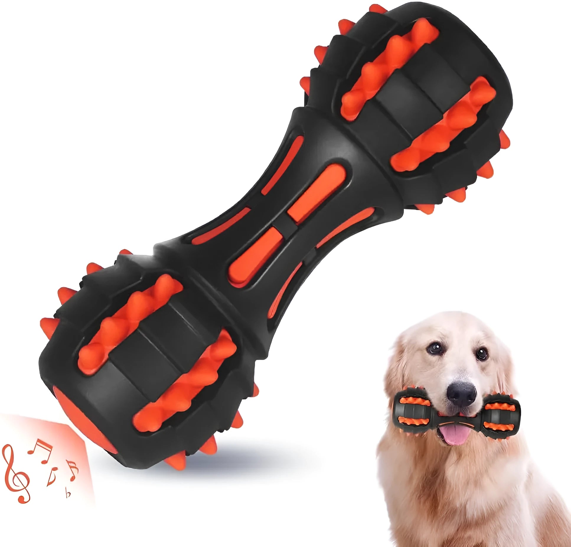 Red dumbbell-shaped dog chew toy with textured surface for medium and large breed dogs