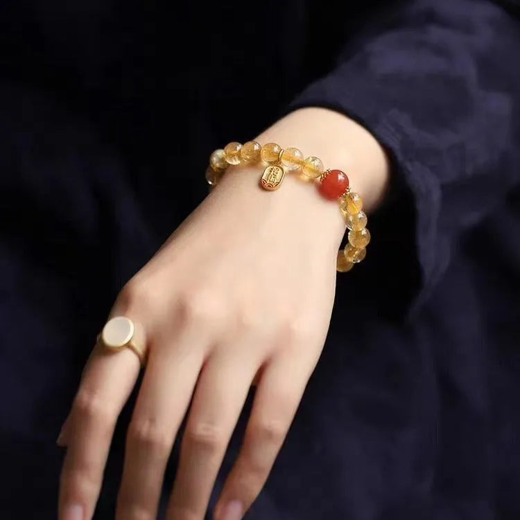 Natural red agate lucky beads bracelet with gold ruby charm in three size options