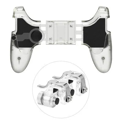 Black and brown-black mobile phone plug-in gamepad handle controller for gaming.