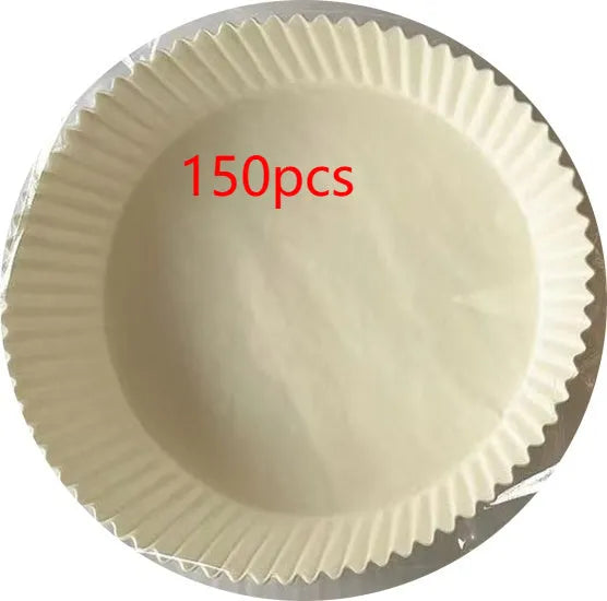Pack of white round disposable paper liners for air fryer with 4.5cm high edge