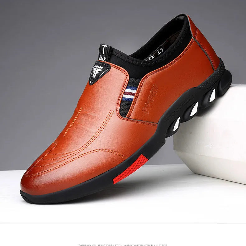 Men's black and brown PU business shoes with flat heel in lace-up and slip-on styles