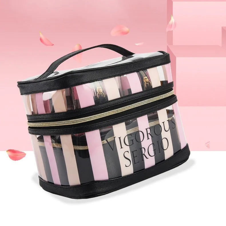 Pink bold stripes floral pattern makeup bag with synthetic leather waterproof construction