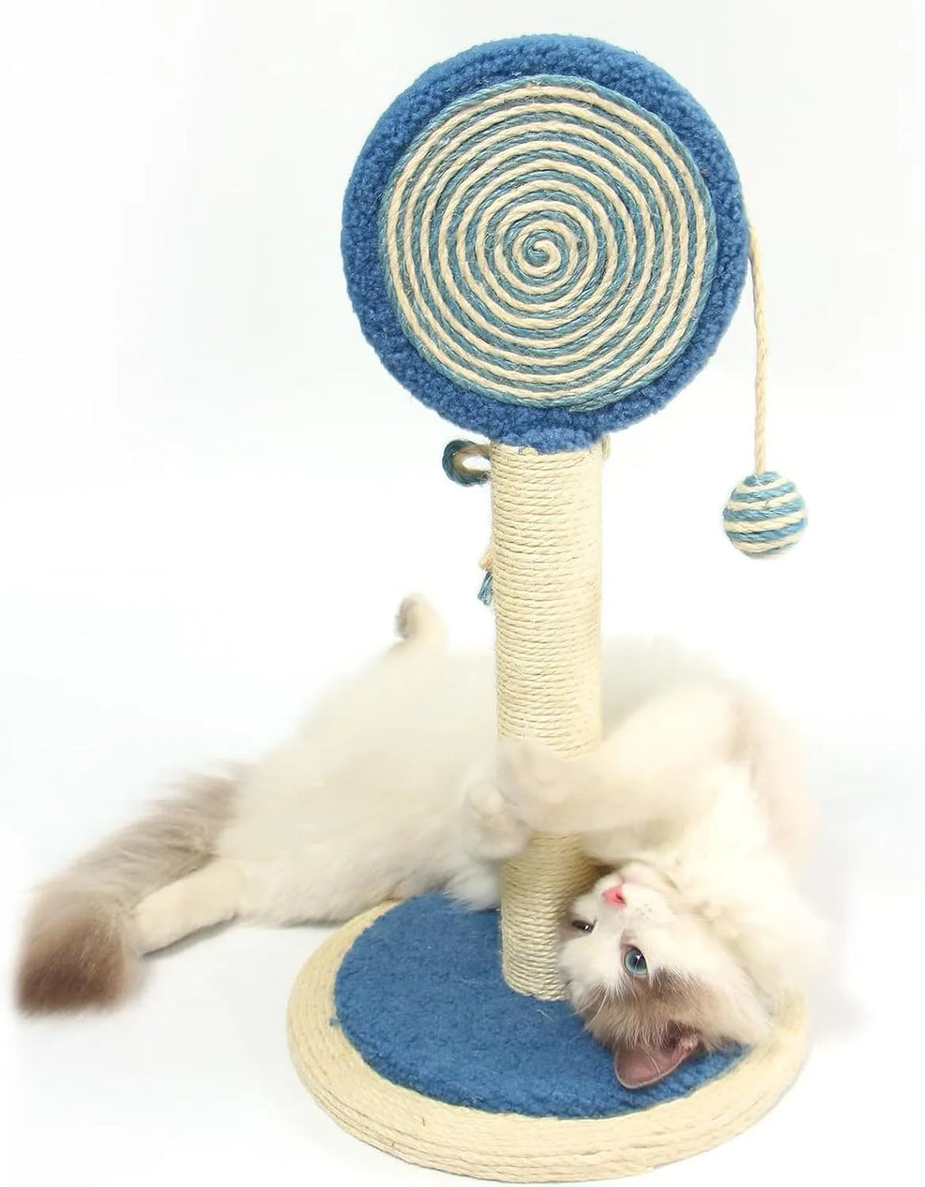 Blue cat scratching post with sisal rope and a hanging ball on a sturdy wooden base.