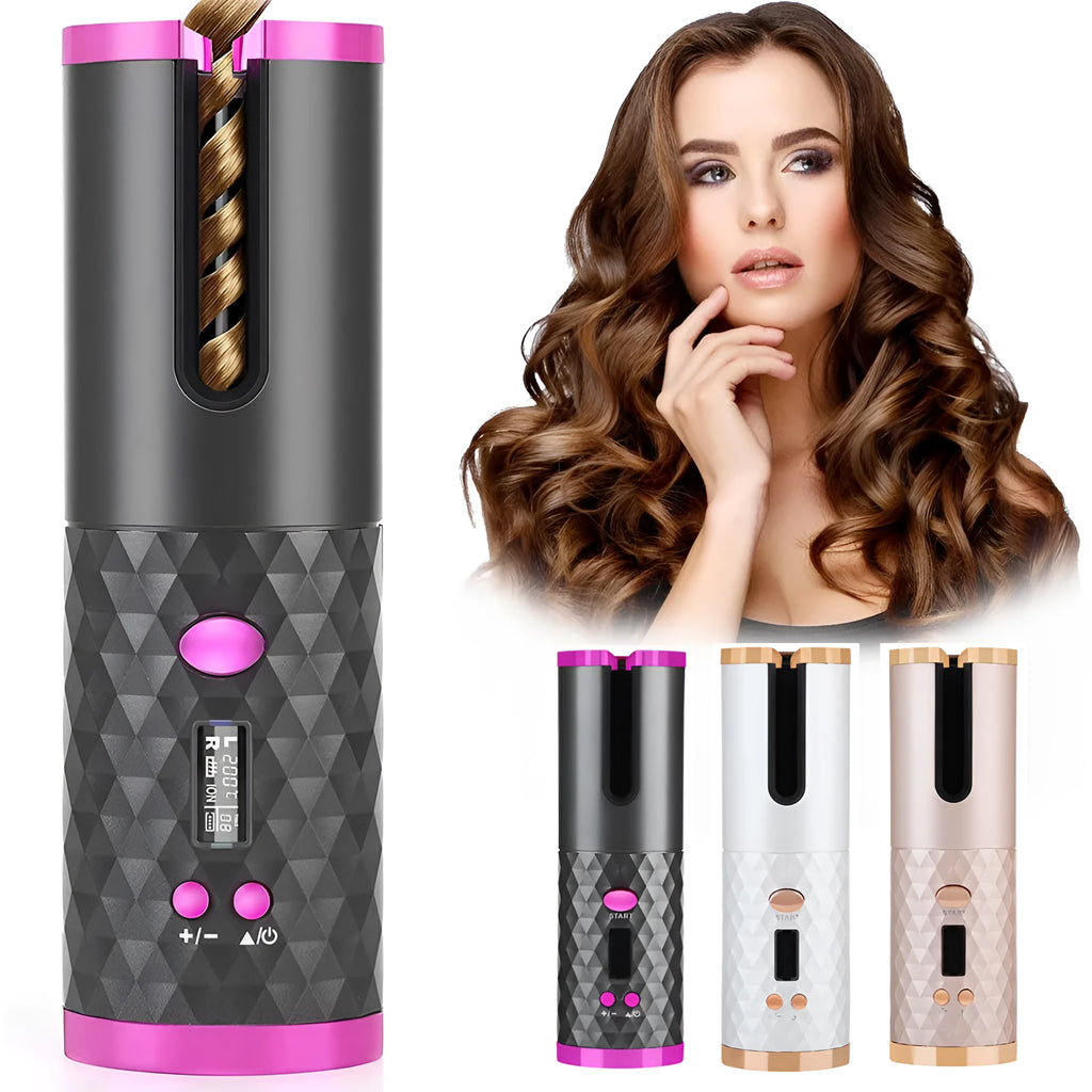 Black rechargeable automatic hair curler with LCD display and ceramic tourmaline curling barrel.