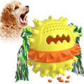 Blue and red squeaky dog chew toy with rope, treat dispenser hole, and 4.25 inch diameter ball shape.
