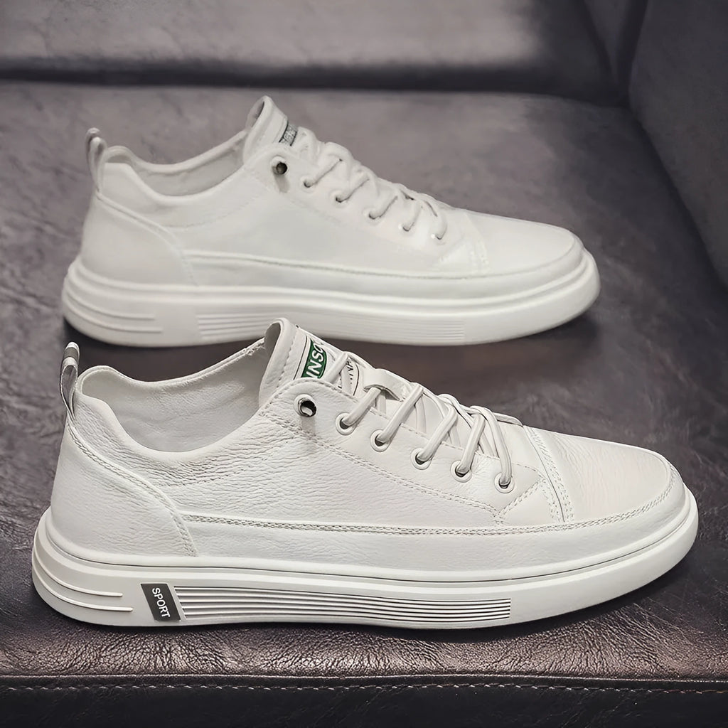 Men's white casual shoes with PU leather upper and flat low-heel sole