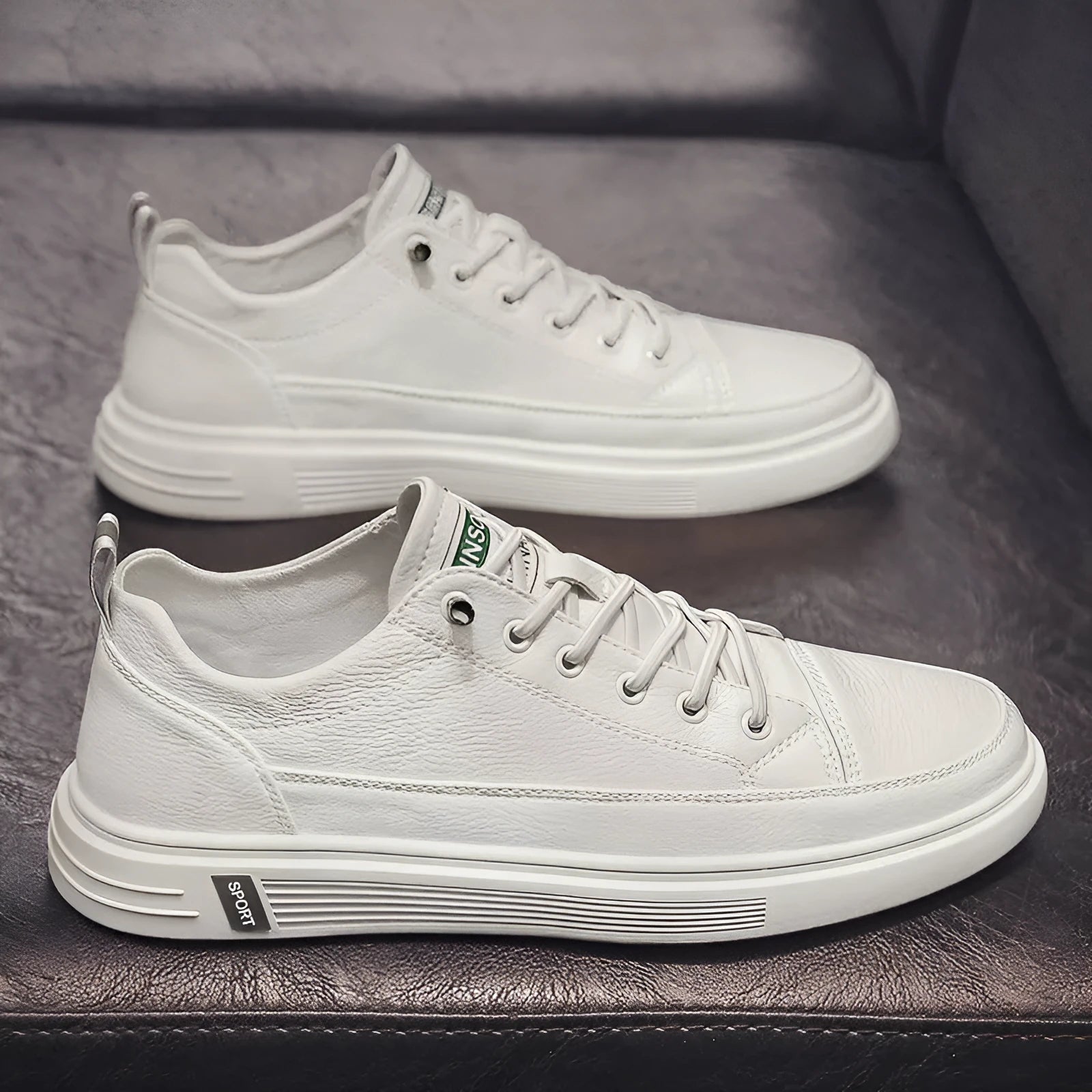 Men's white casual shoes with PU leather upper and flat low-heel sole