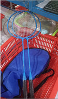A pair of blue and red alloy badminton rackets with a split-tube design.