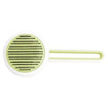 Automatic pet grooming brush with stainless steel pins in blue, green, or pink, showing the handle grip and release button.