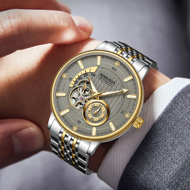 Gold white surface men's automatic waterproof mechanical watch with multi-function dial and 9mm thickness