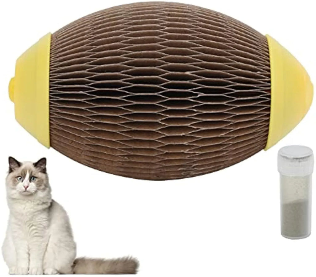 Elliptical corrugated paper catnip ball toy for cats with scratch surface and catnip cavity