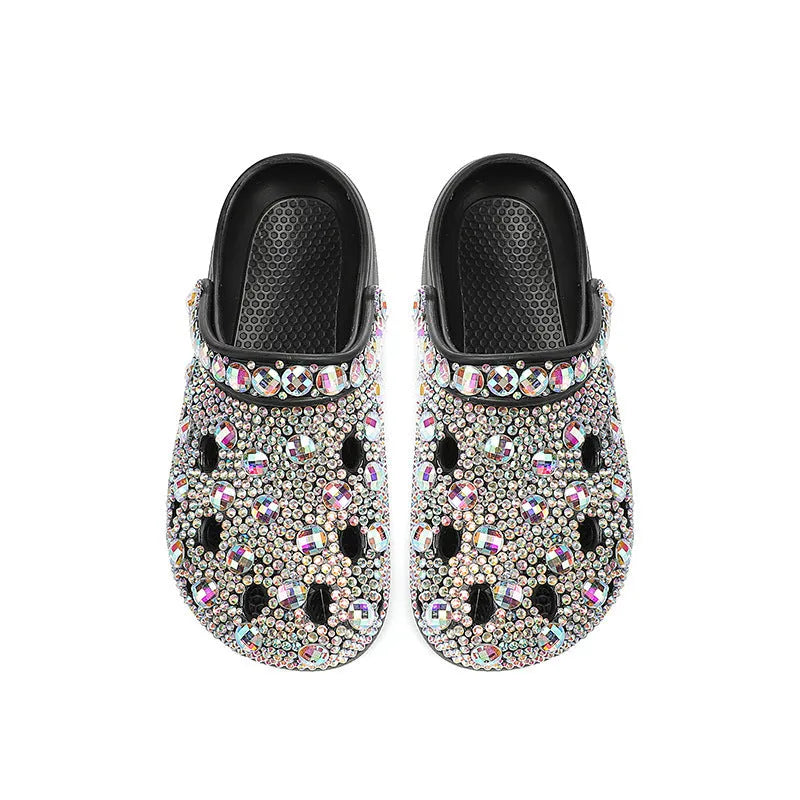 Black women's platform sandals with rhinestone decoration on the EVA upper.