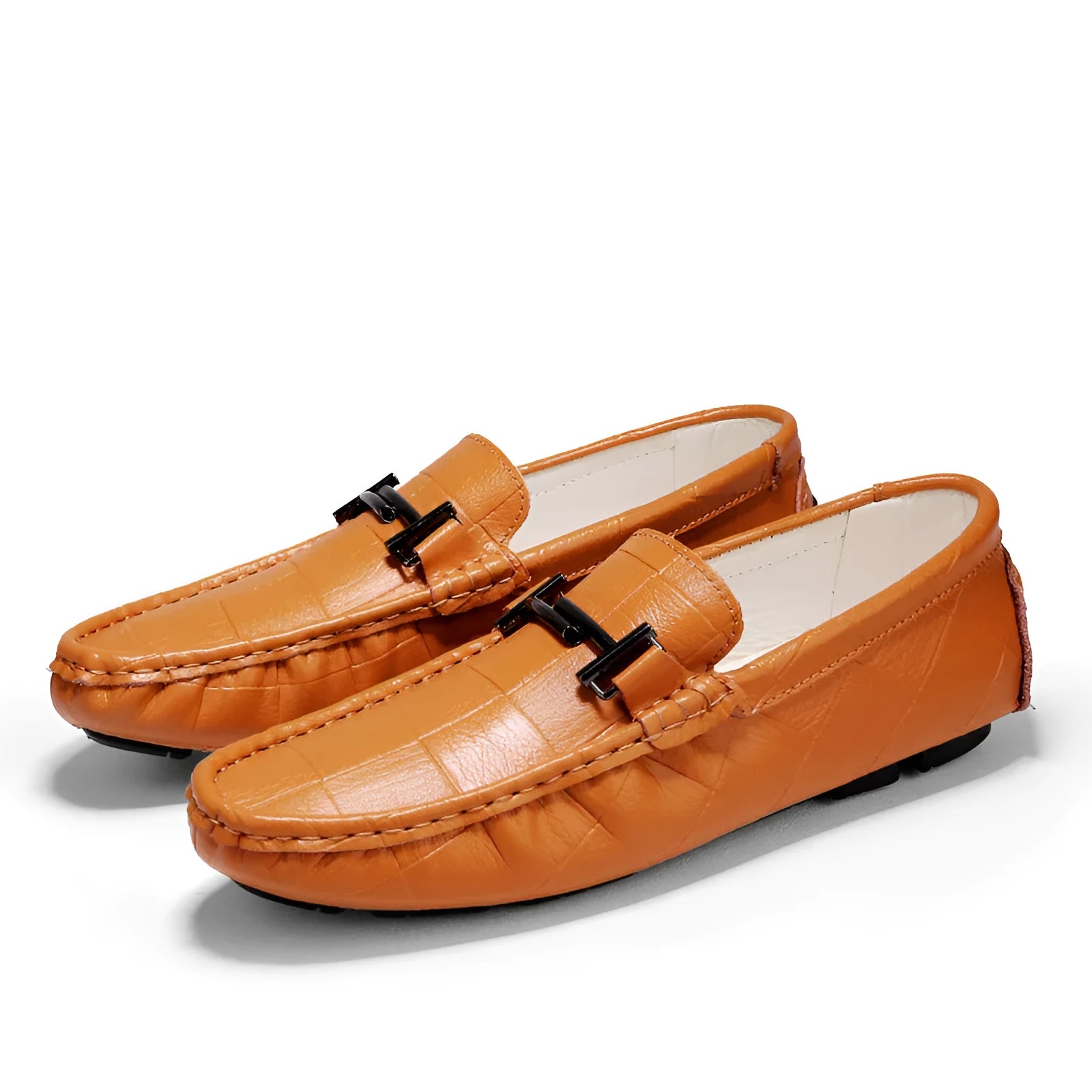 Men's leather casual shoes with a buckle fastening, flat rubber sole, shown in available colours.