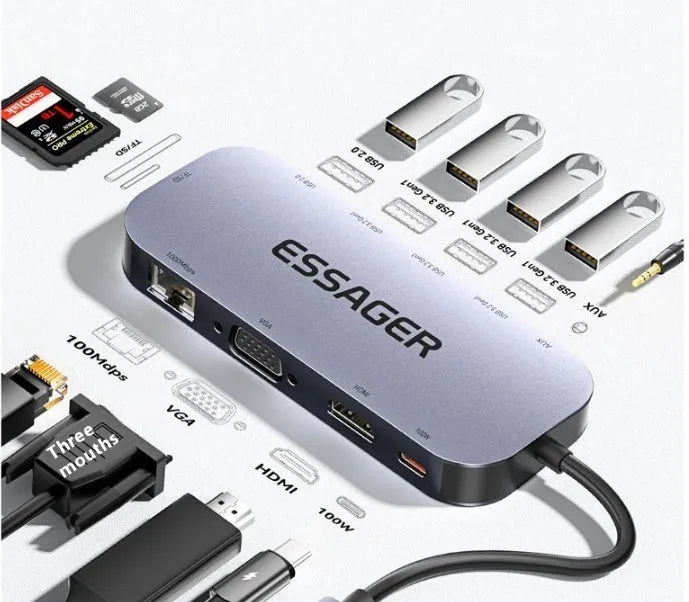 11-in-1 USB-C expansion dock with Ethernet, HDMI, USB ports, and card readers on a 20cm cable.