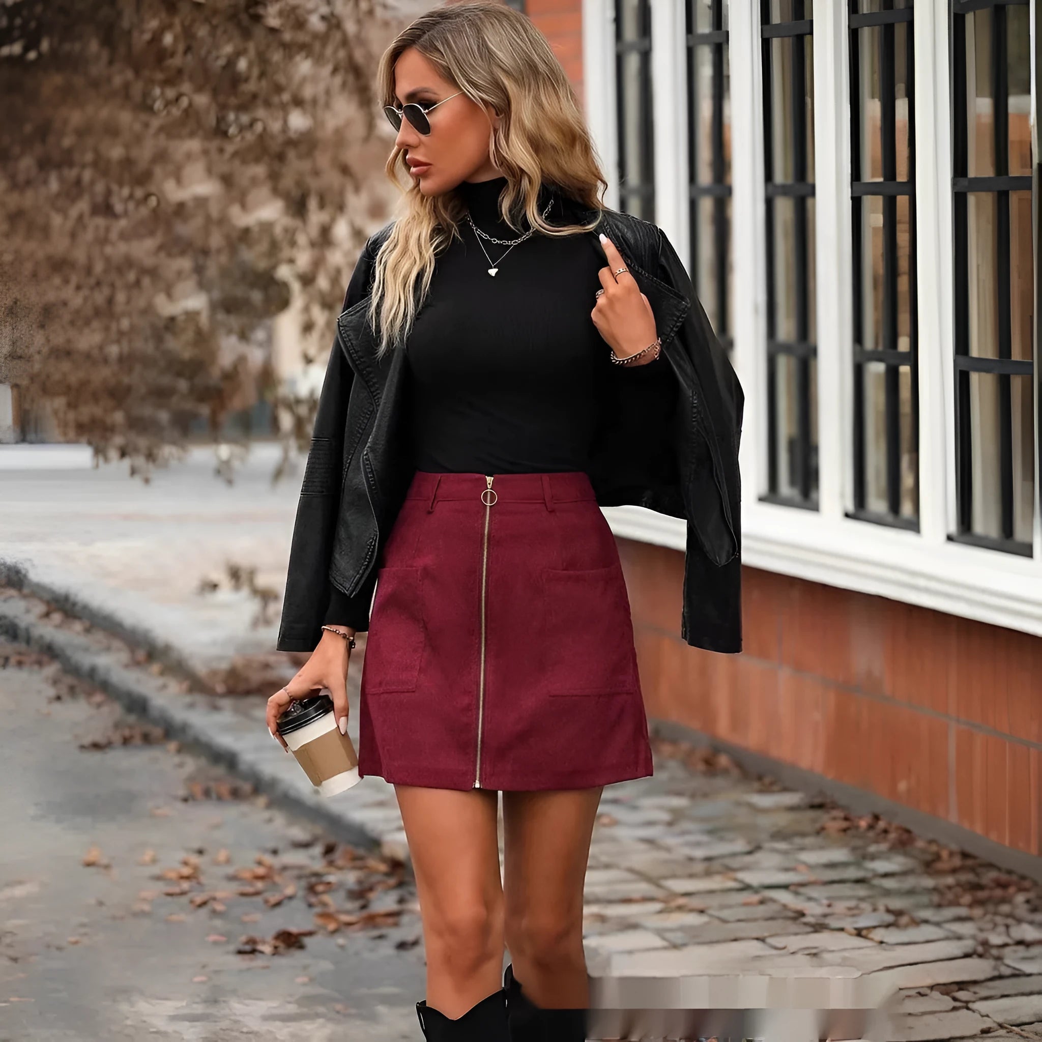 A woman's high waist short zip-front skirt in polyester fabric