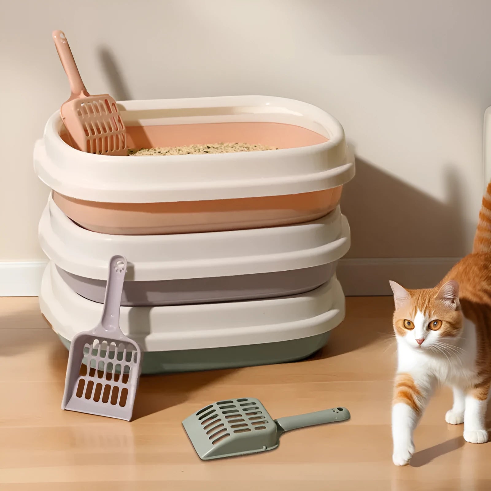 Plastic pet toilet bedpan tray with scoop in blue, anti-splash rim for cats and small dogs