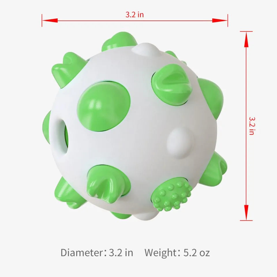 Blue green and yellow spherical dog chew toy with textured bumps and a hollow centre.