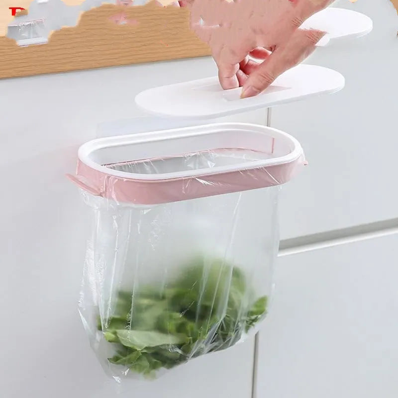 Blue plastic kitchen cabinet garbage bag storage rack mounted on wall