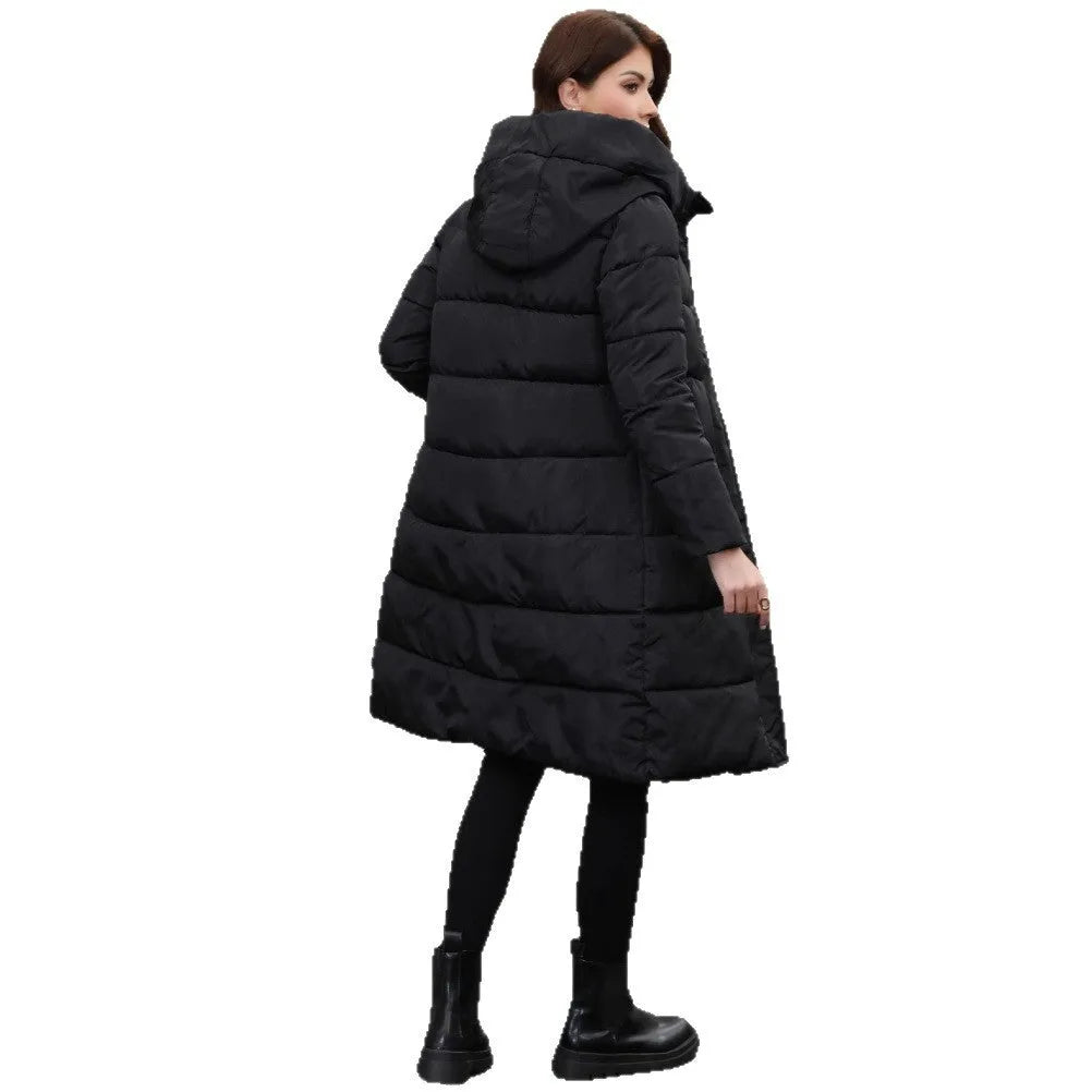 Men's black slim fit hooded winter jacket with long sleeves and thickened cotton construction