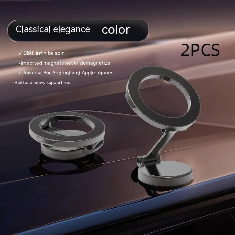 All-metal foldable magnetic car phone mount in Qian colour showing dashboard placement with phone attached