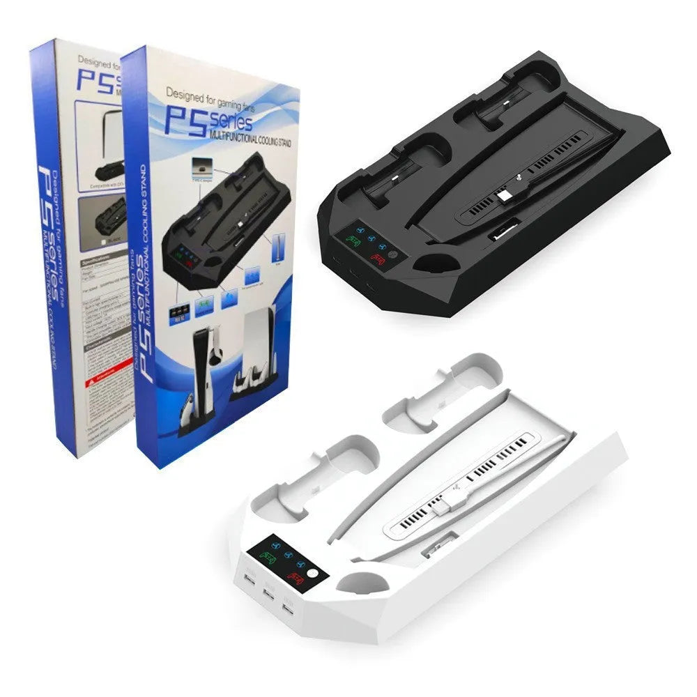 PS5 charging base and radiator stand in black or white with controller charging ports