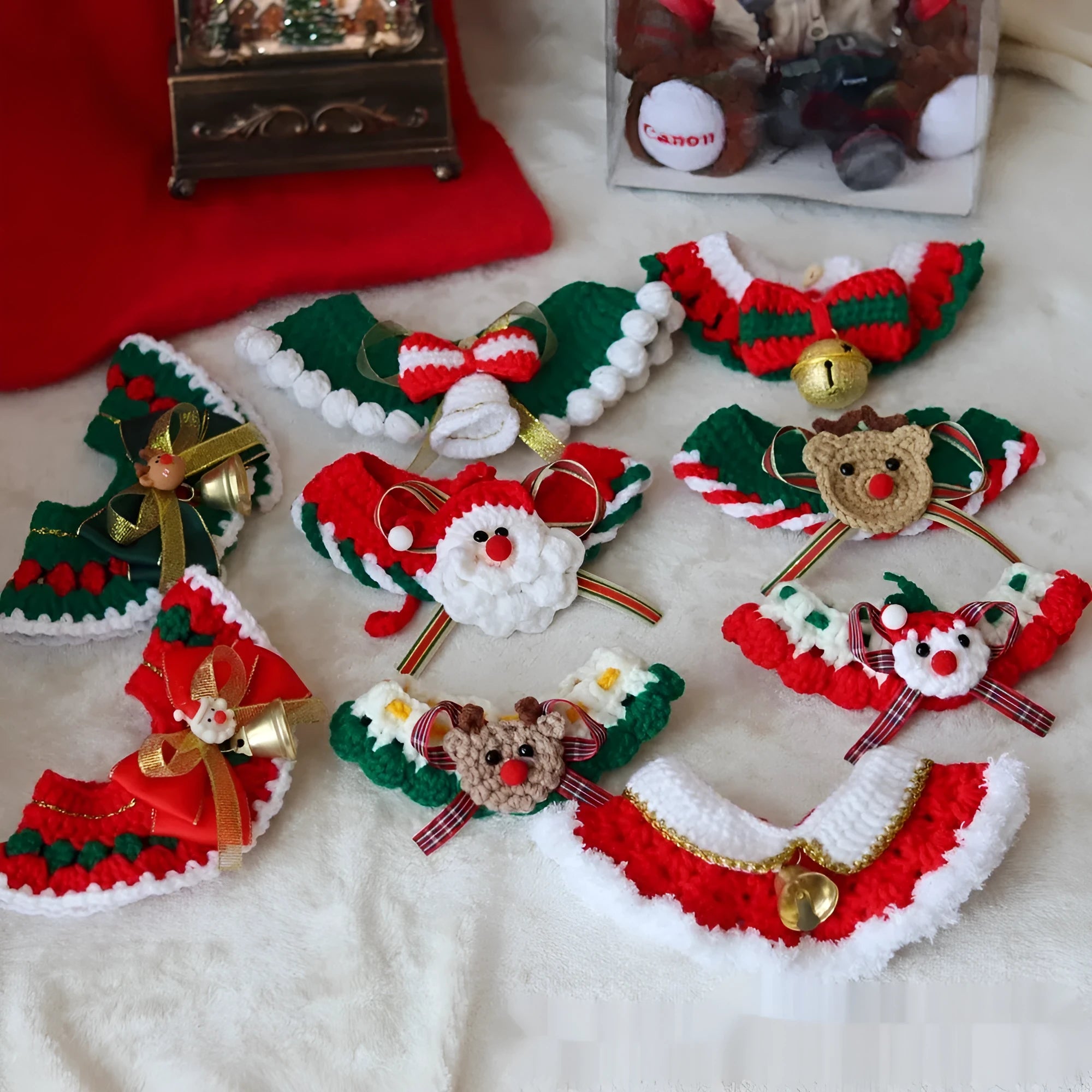 Christmas pet scarf with knitted wool Santa reindeer bell designs in multiple colours and sizes