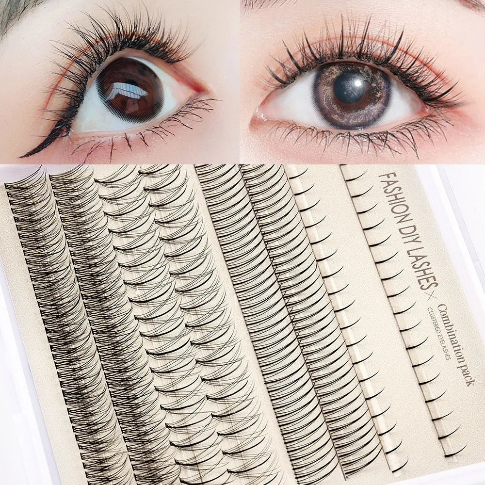 Segmented false eyelash kit open showing lashes, pink and black glue pots, tweezers, and an applicator brush.