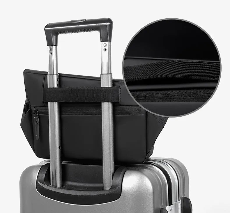 Grey horizontal square men's crossbody bag made of PU leather with a zipper and shoulder strap.