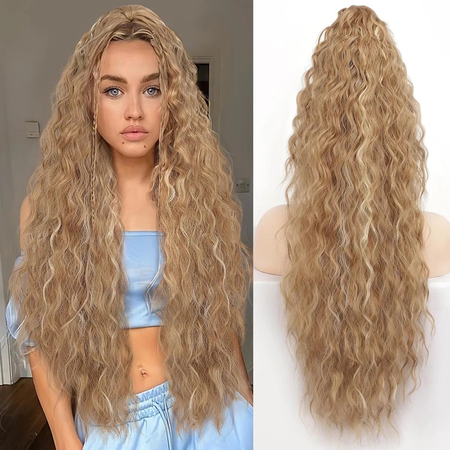 Long curly synthetic ponytail wig in high temperature fibre, 30 inches in length.