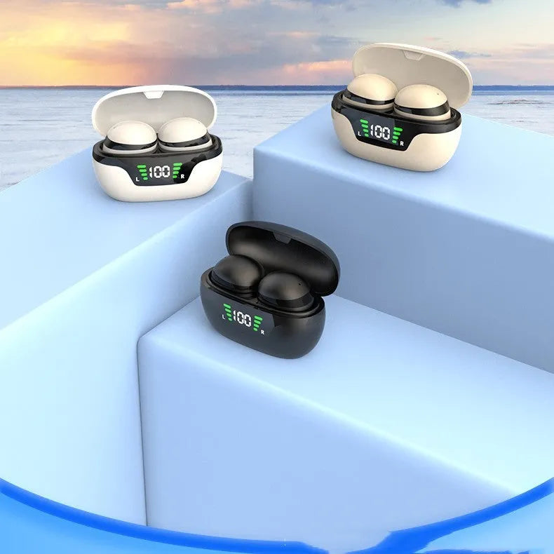 Black super mini wireless Bluetooth in-ear headset with digital display screen showing battery and connection status