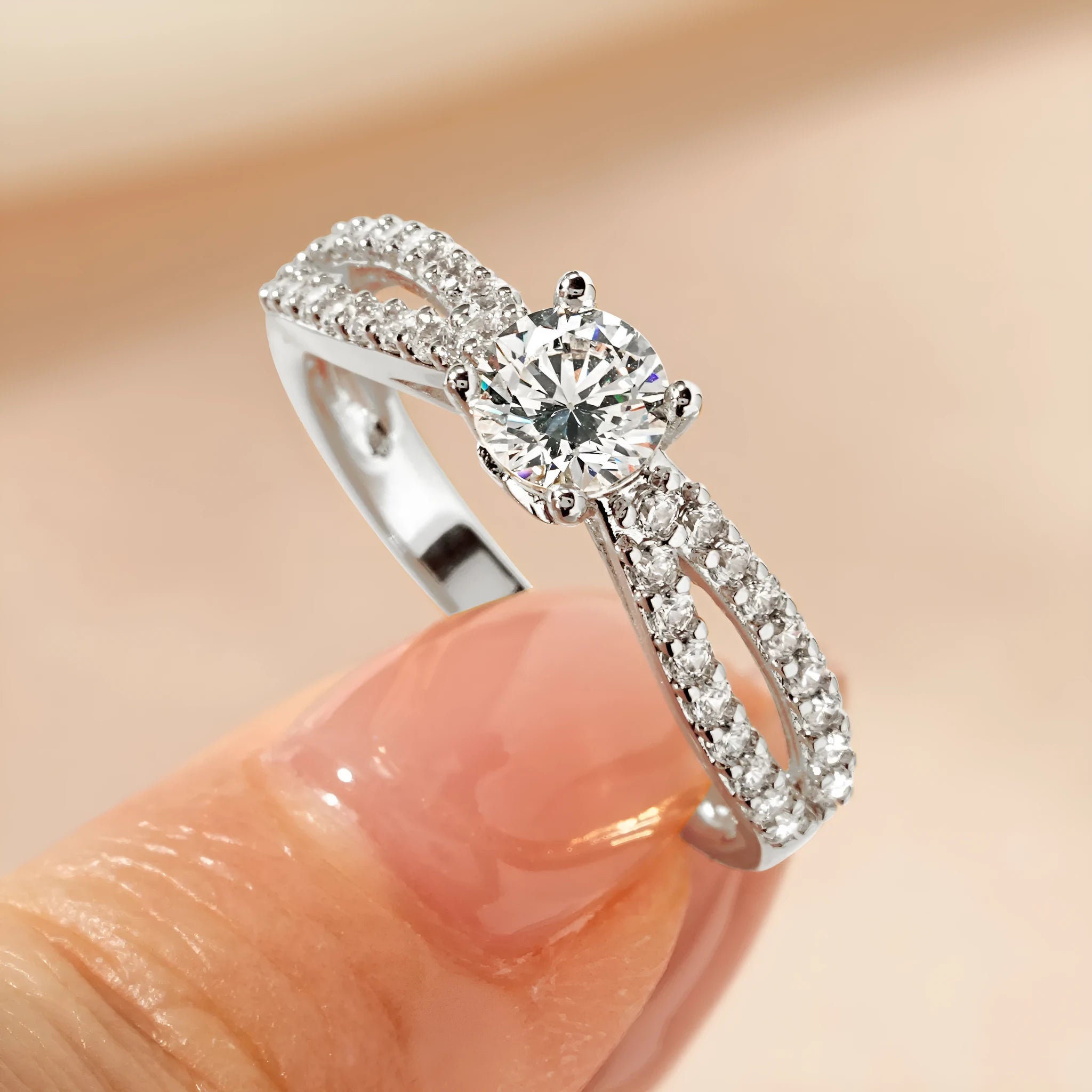 Women's electroplated zircon ring in heart, split, or star design on a copper base, shown in K white or K yellow gold colour.