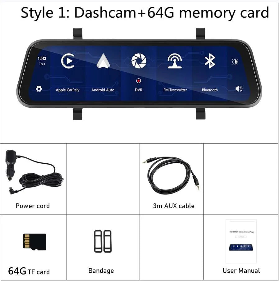9.66-inch HD car video mirror monitor with reverse camera and mounting kit on a dashboard.