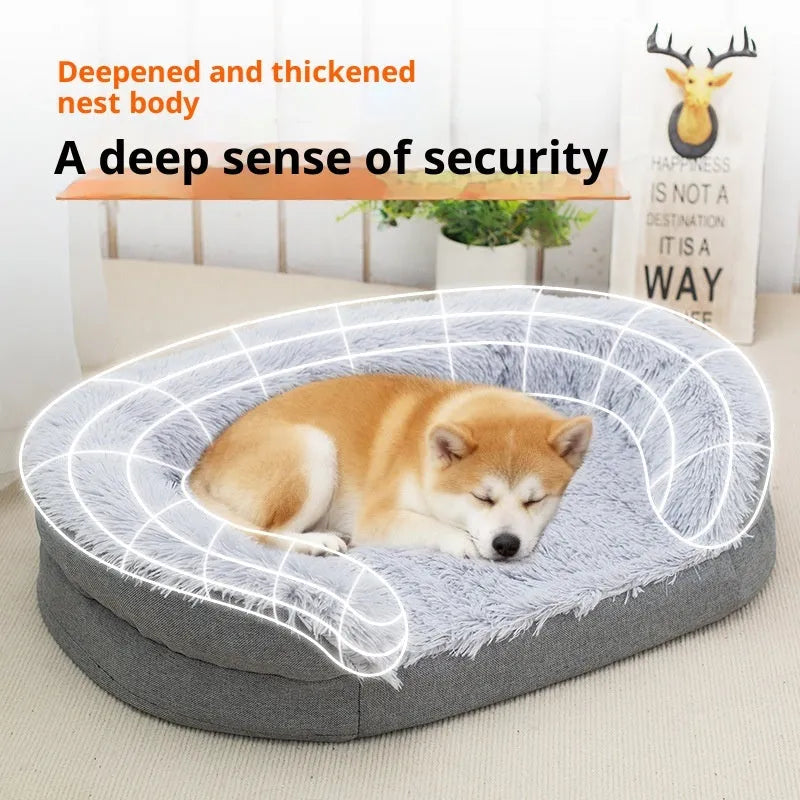 Grey winter warm pet plush large kennel for dogs with long wool finish, oval open nest design