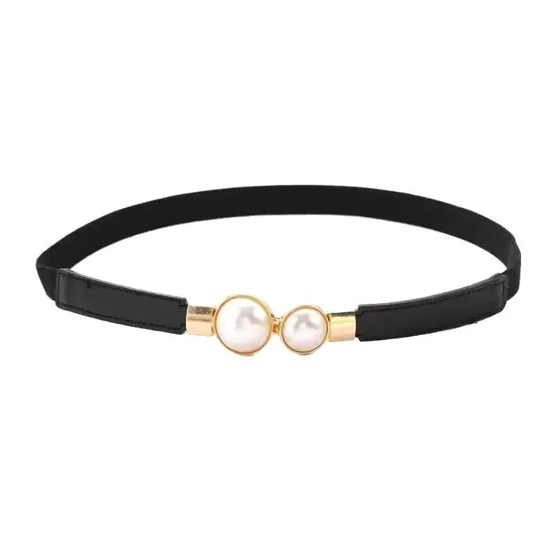Thin black women's PU leather jeans belt with an alloy double-buckle fastening.