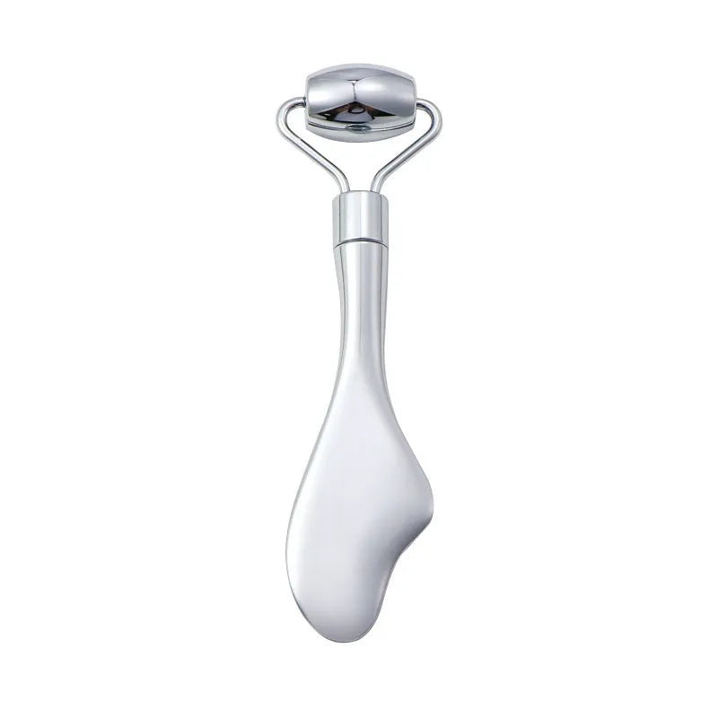 Stainless steel facial massage board with double-headed roller and heart-shaped eye poking stick