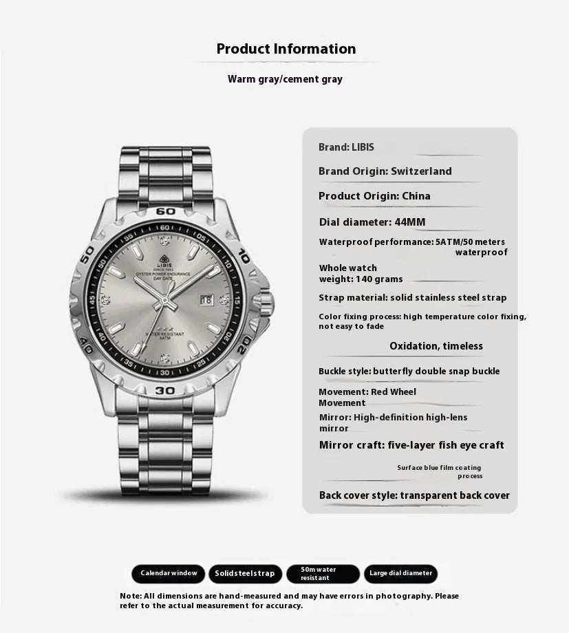 Silver men's business watch with stainless steel strap and luminous quartz movement