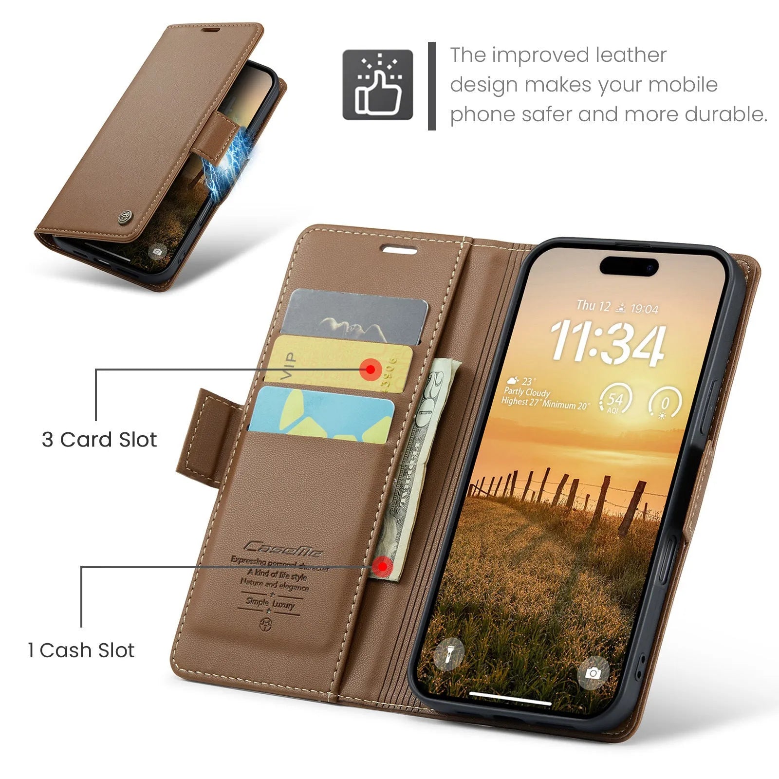 Black anti-theft TPU leather phone case with card slot and kickstand for iPhone model