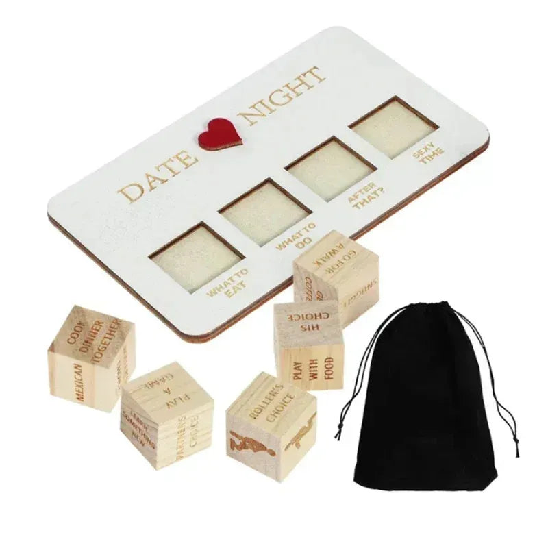 Wooden date night dice set with five dice, planner board and black storage bag for couples