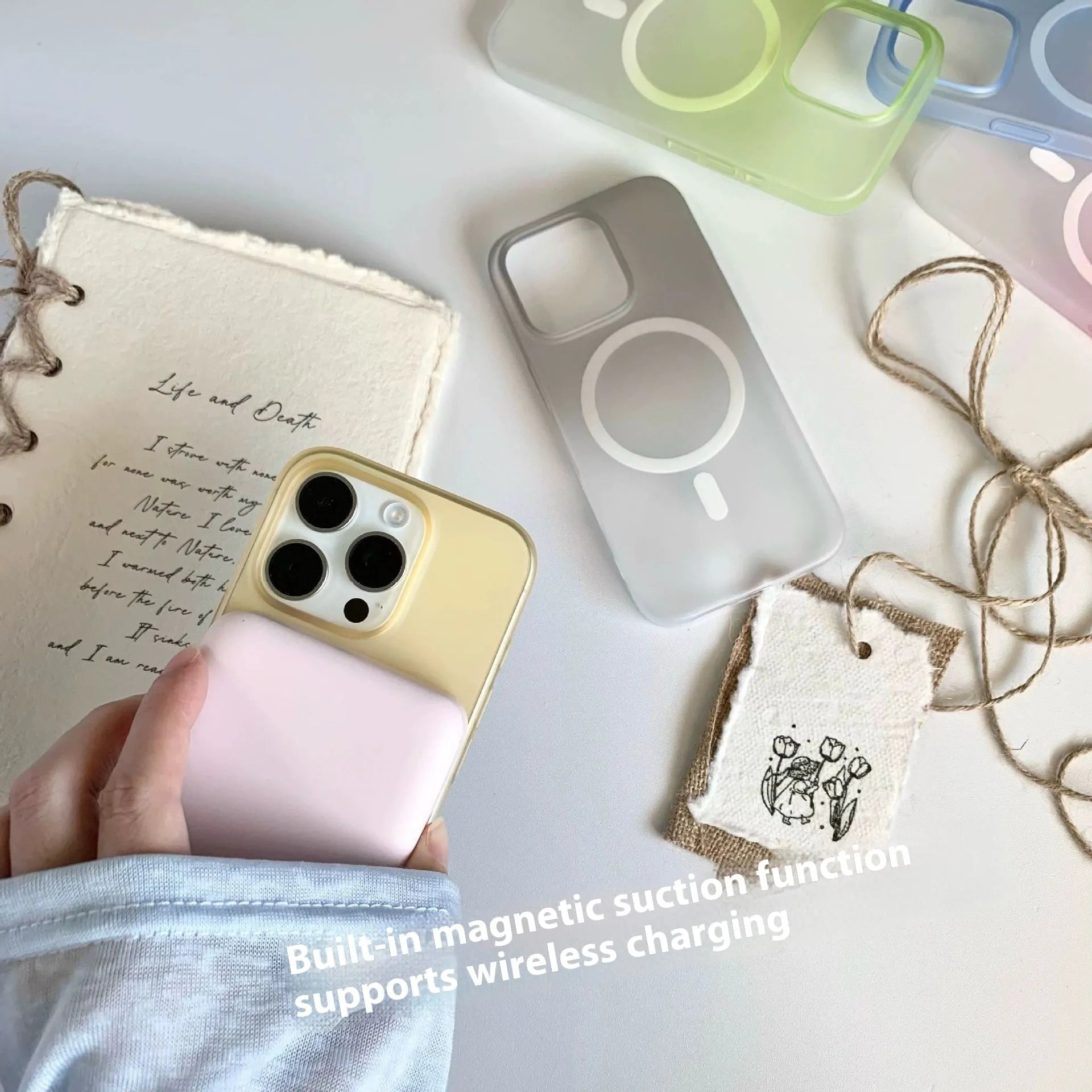 Gradient coloured frosted magnetic suction case for iPhone on a table