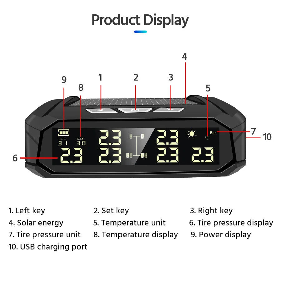 Solar-powered external tyre pressure monitor display unit with colour screen next to six sensor valves.