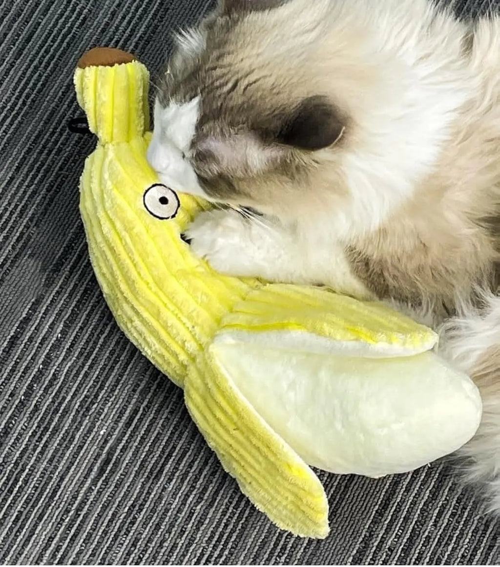 Yellow banana-shaped cat toy with textured surface for cats to chew and kick