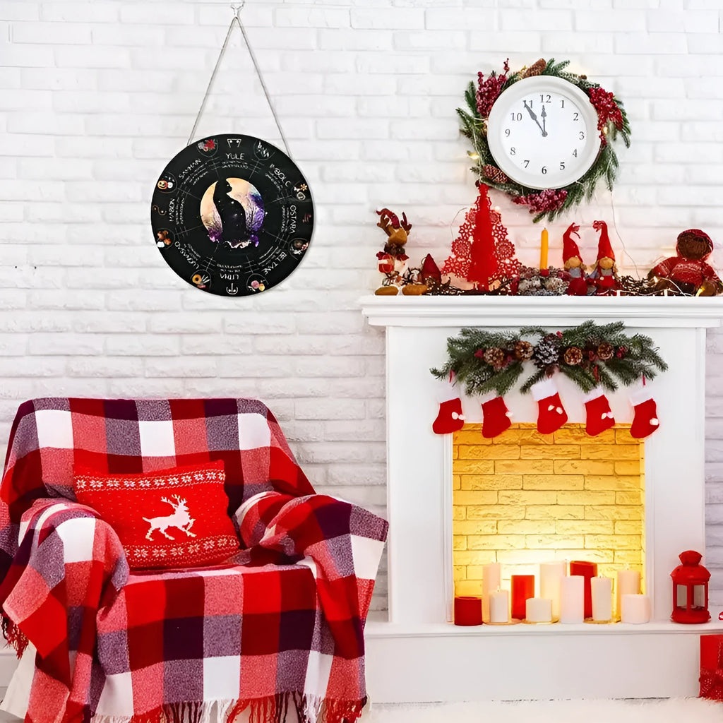 Square wooden holiday pendant with decorative disc designs on a white background.